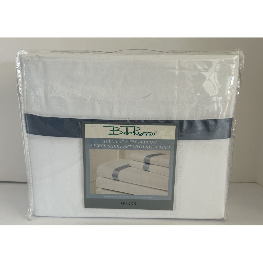 BELLA RUSSO White Queen 4 Piece brushed microfiber Sheet Set w/ Satin Trim  NIP